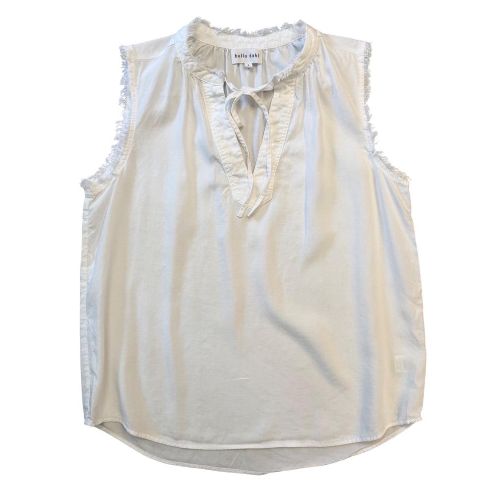 Bella Dahl White Tencel Boho Sleeveless Tie Neck Frayed Blouse Womens S
